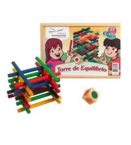 Torre de equilíbrio com dado cores 48 peças mdf Fundamental Brinquedos