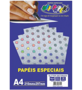Papel a4 glitter prata poá 150g 10 folhas Off Paper