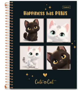 Caderno espiral capa dura 15 matérias 240 folhas cute cat universitário Cadersil