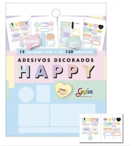 Adesivo decorativo bloco happy metalizado 12 folhas