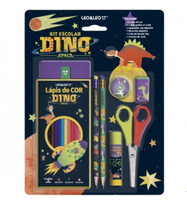 Kit escolar dino com 7 peças lápis borracha apontador tesoura cola Leo e Leo