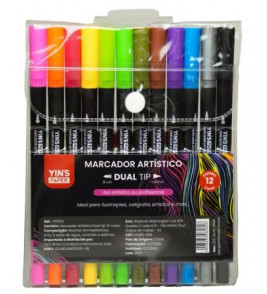 Caneta hidrográfica dual brush/fineliner com 12 cores Yins Paper