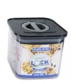 Pote quadrado plástico hermético smart lock com tampa preta 600ml  Injeplastec