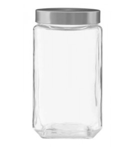 Pote vidro quadrado liso com tampa metal prata 2.2l Invicta