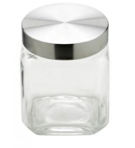 Pote vidro quadrado liso com tampa metal prata 1.2l Invicta