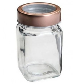 Pote vidro quadrado liso com tampa metal rose acrílico 300ml Lyor
