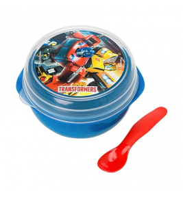Pote bowl transformers azul com tampa colher 500m Plasvale