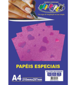 Papel a4 glitter rosa coração 150g 10 folhas Off Paper