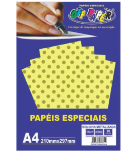 Papel a4 poá metalizado amarelo dourado 210x297mm 120g 10 folhas Off Paper