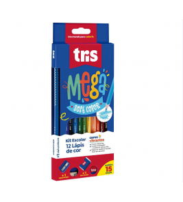 KIt mega soft color c/ lápis de cor 12 Cores + 1 lápis + 1 apontador + 1 borracha Tris 